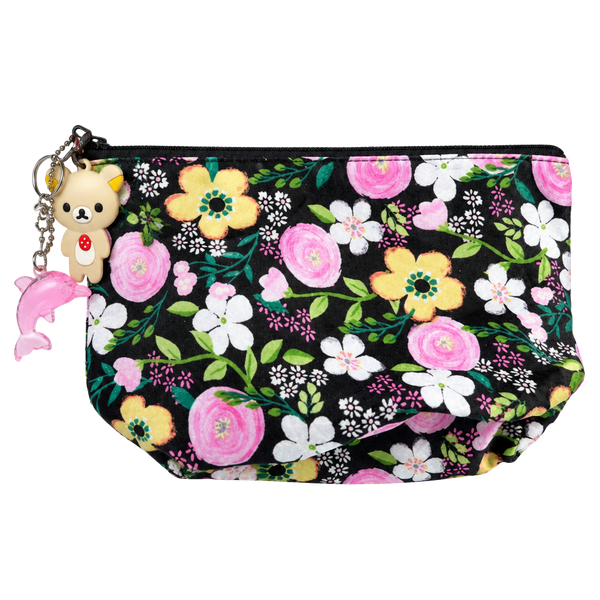 Unbranded Black Floral Cosmetic Pouch With Rilakkuma And Dolphin Keychains