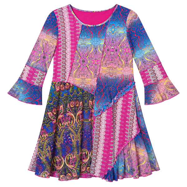 Caleoa Patchwork Paisley Mesh Dress Size S Pink Blue Y2K Boho Festival Ruffle