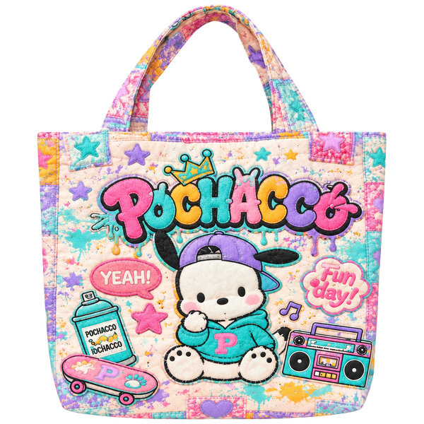 Sanrio Pochacco Quilted Tote Bag Multi-Color Graffiti Graphic Print