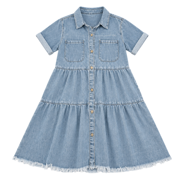 Pink Lily Denim Shirt Dress Size S Light Wash Tiered Short Sleeve Raw Hem