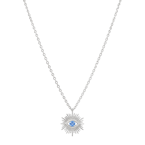 Sunburst Evil Eye Pendant Necklace with Blue Stone Silver Chain