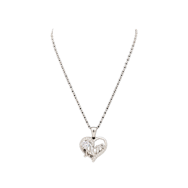 Silver Tone Mom Heart Pendant Necklace with Crystal Stones