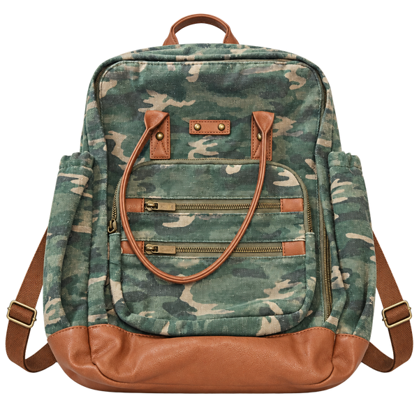 Camouflage Canvas Backpack With Brown Trim