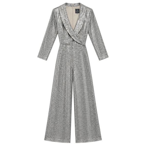 Adrianna Papell Silver Metallic Jumpsuit | Glam Party & Holiday Outfit