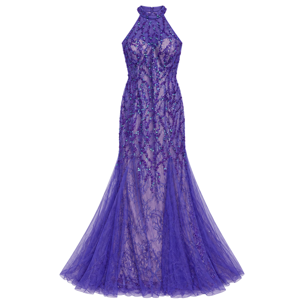Purple Halter Sequin Lace Mermaid Gown