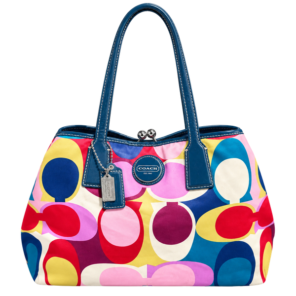 Coach Multi Color Signature scarf Satin Kisslock Tote Handbag