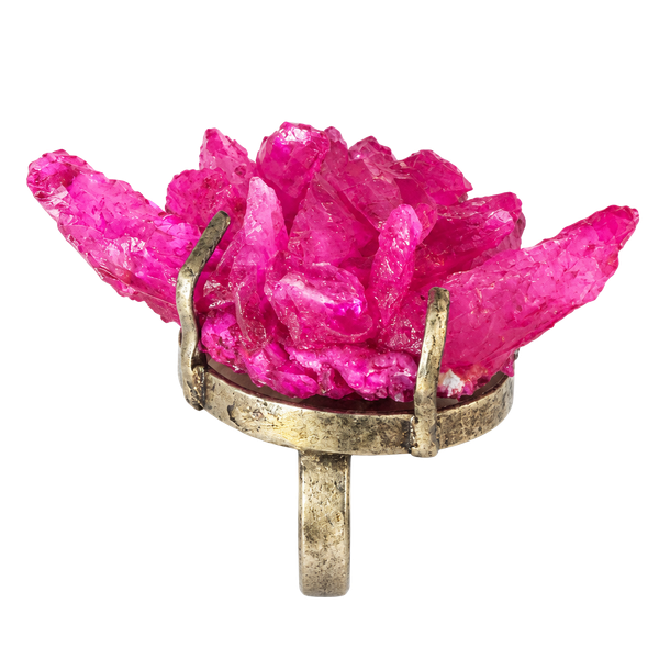 Handmade Pink Crystal Cluster Statement Ring Silver Plated