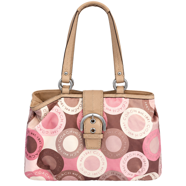 Coach Pink and Brown Circle Print Satchel Bag with Tan Leather Trim