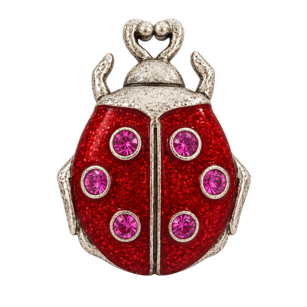 Vintage AJMC Ladybug Brooch Red Glitter Enamel Pink Rhinestone Figural Pin