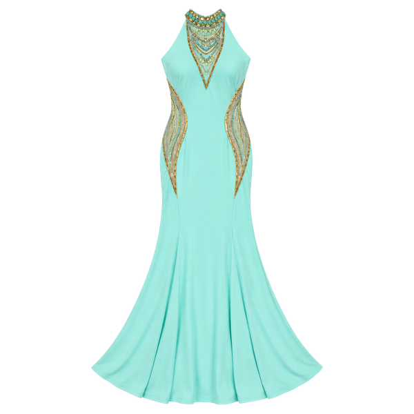 Dave & Johnny Aqua Beaded Halter formal Prom Gown Size 11/12 