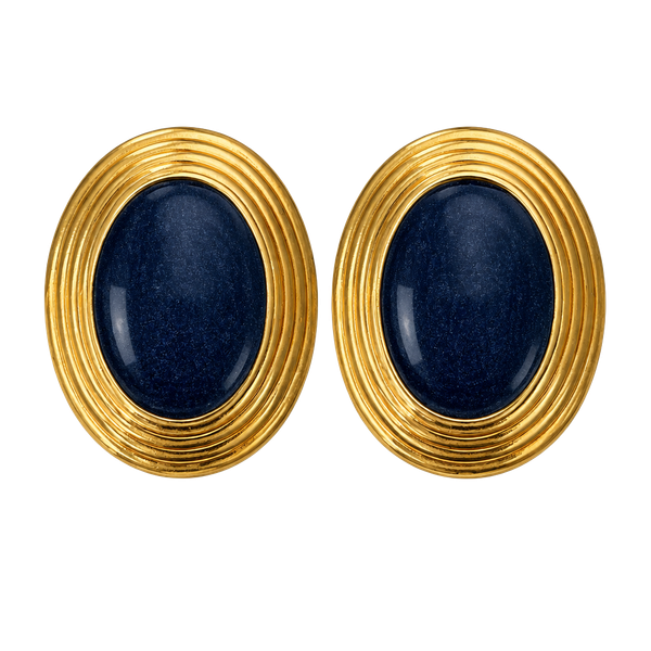 Vintage-Inspired Gold-Tone Oval Navy Blue Statement Stud Earrings