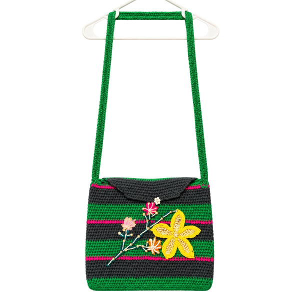 Handmade Crochet Crossbody Bag Striped Floral Beaded