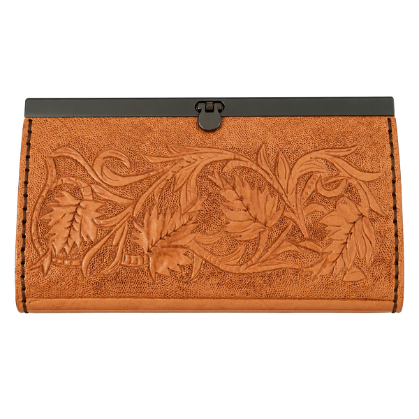 Handmade Tooled Leather Checkbook Wallet Floral Carved Brown