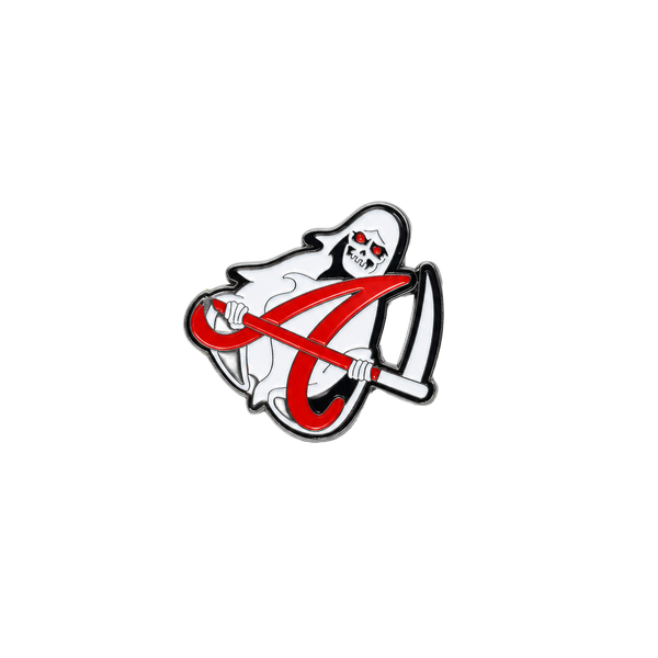 J0010 Grim Reaper Enamel Pin Hello Friend Red Scythe Badge