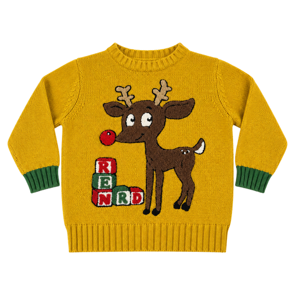 Whoopi Kids Size 5T Mustard Yellow Chunky Knit Christmas Reindeer Sweater Red Nose Alphabet Blocks Green Cuffs Artsy Americana Heritage Indie Vanguard Retro