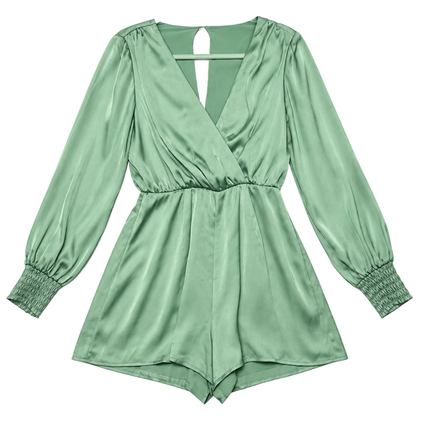 Mi Ami Women's M Sage Green Satin Romper Cottage-Glam Quiet Luxury Coquette Soft Girl Date Night Long Sleeve Surplice V-Neck Keyhole Back Smocked Cuffs Pockets
