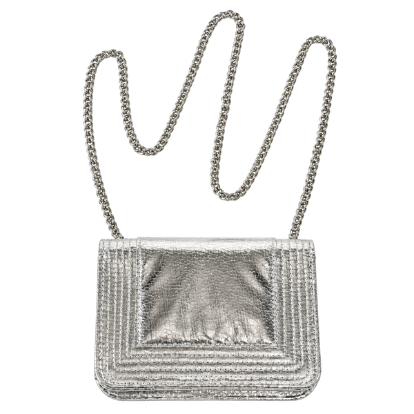 La Diva Silver Metallic Textured Leather Chain Crossbody Bag Y2K 2000s Disco Indie Vanguard Going Out Edgy