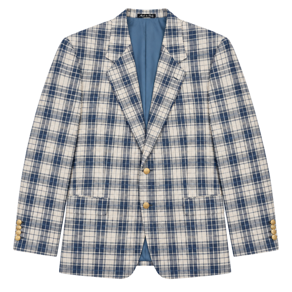 Valentino Gold Button Sport Coat Blazer Size 41R Blue Plaid Linen Flax