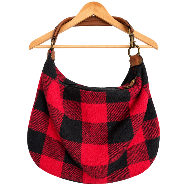 Davey's Red Black Buffalo Plaid Wool Leather Hobo Shoulder Bag