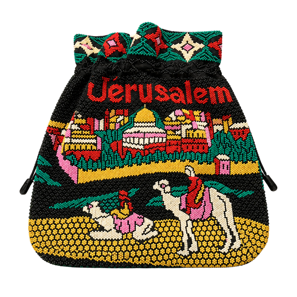 Vintage Jerusalem Beaded Tote Bag Drawstring Purse Handbag Souvenir