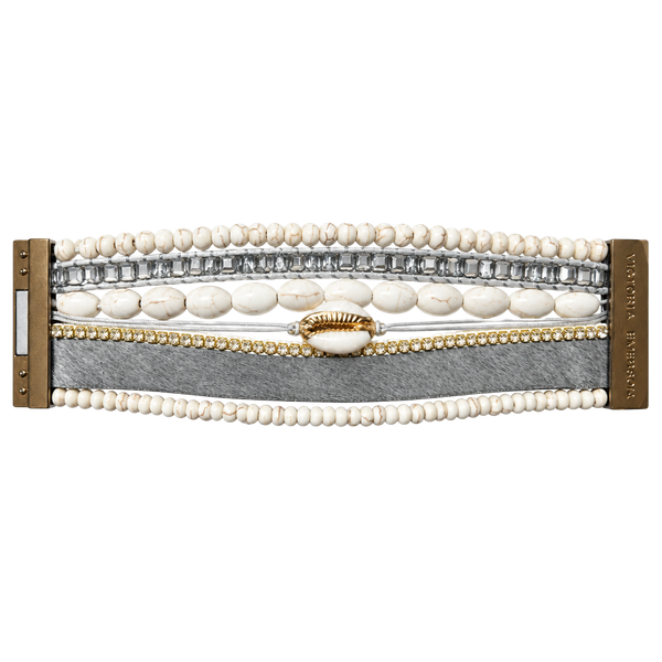 Victoria Emerson Boho Cuff Bracelet White Beads Shells Crystal Leather
