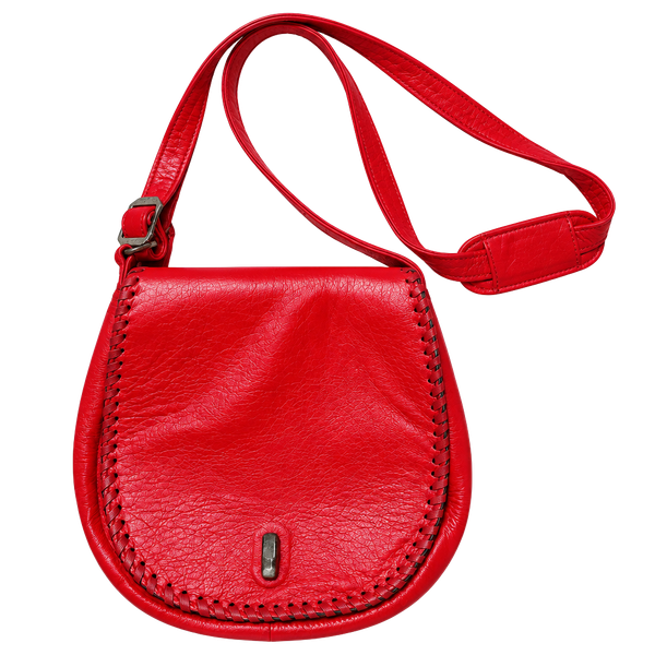 Juan Antonio Red Leather Crossbody Saddle Bag Whipstitch Stone Accent