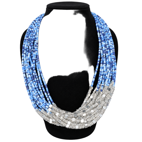 Vintage Multi Strand Blue Seed Bead Silver Tone Necklace