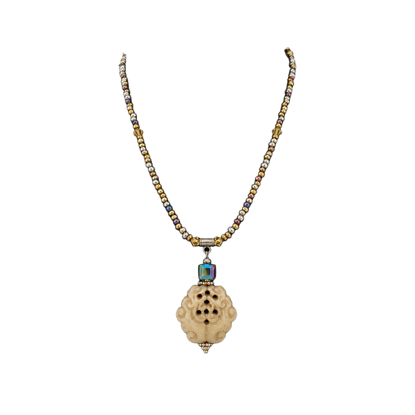 Vintage Handmade Beaded Necklace With Carved Stone Pendant