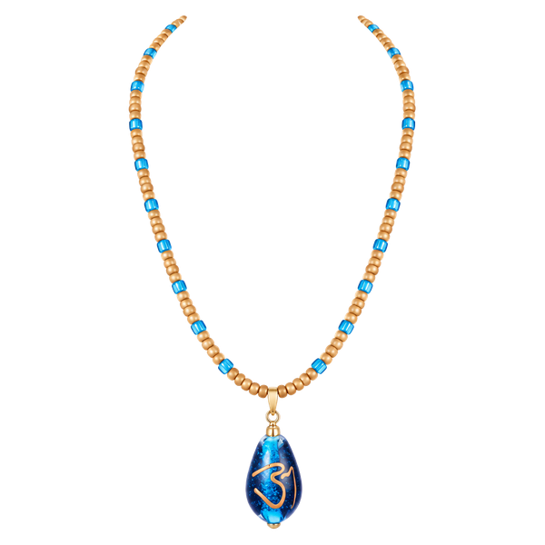 Boho Beaded Necklace Om Symbol Blue Teardrop Pendant