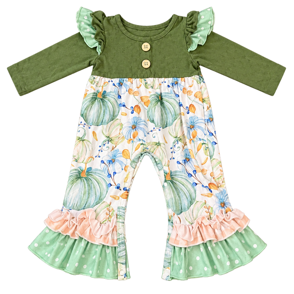 Dash of Glitter Fall Pumpkin Romper Size 0-3M boutique Floral Ruffle