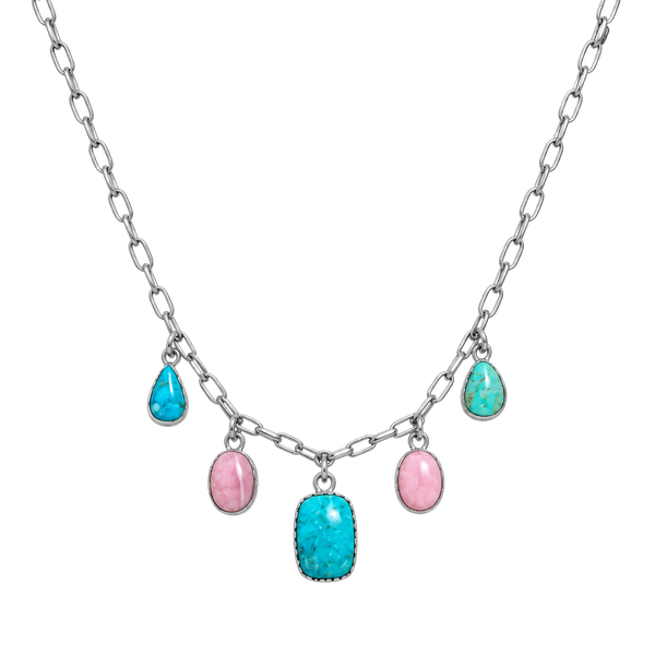 925 Sterling Silver Turquoise and Pink Conch Dangle Charm Necklace with Chain