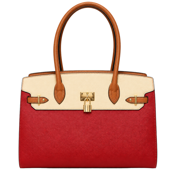 Chic & Savvy Handbags Tri-Color Satchel Handbag Red Beige Brown