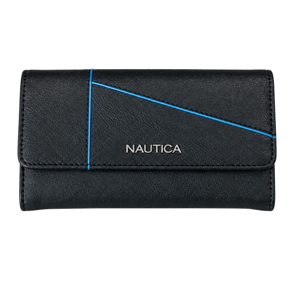 Nautica RFID Blocking Clutch Wallet Black Blue Accents Organizer