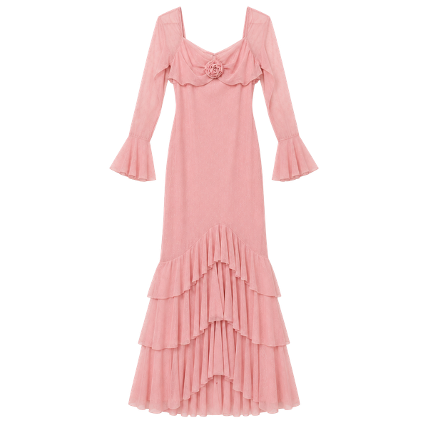 Shein Maxi Dress Size L Pink Rose Detail Ruffle Chiffon