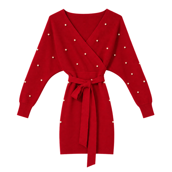 Immodel Sweater Dress Size S Red Pearl Wrap