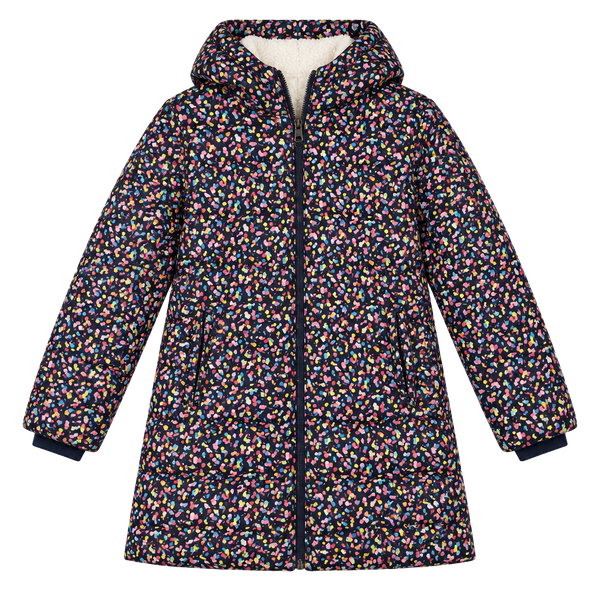 Lands' End Winter Jacket Size L 10-12 Navy Confetti Faux Fur Hood Puffer