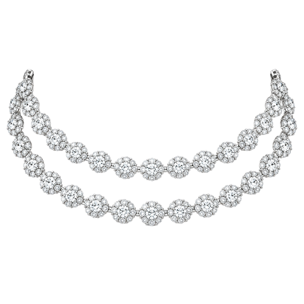 Double Strand Crystal Flower Choker Necklace - Silver