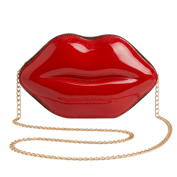Glossy Red Lip-Shaped Crossbody Bag with Gold Chain