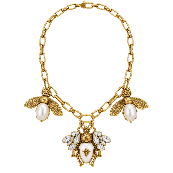 Luxe 3D Gold Bee Pendant Necklace with White Pearl and Crystal Accents