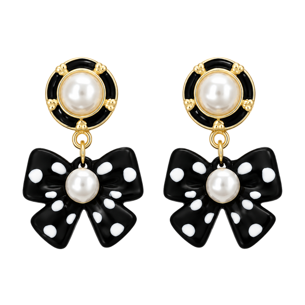 Black Polka Dot Bow Drop Earrings with Pearl Detail