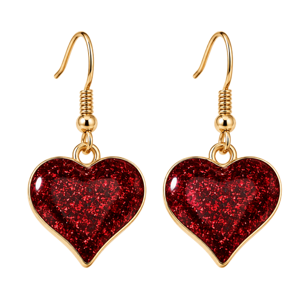 Gold Hoop Earrings with Deep Red Glitter Heart Drop