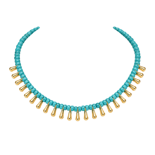Turquoise Beaded Gold Teardrop Choker Necklace - Women Jewelry