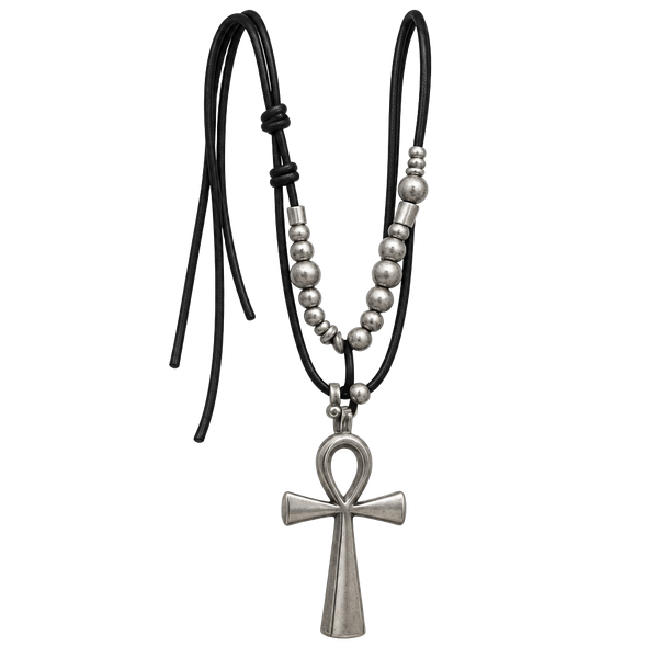 High Quality Black Leather Cord Necklace with Silver Ankh and Bead Accents