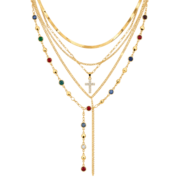 5 Pieces Gold Layered Multicolor Gemstone Cross Necklaces for Women