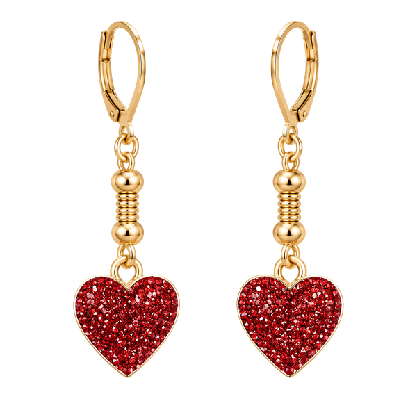 Gold Hoop Earrings with Deep Red Glitter Heart Drop