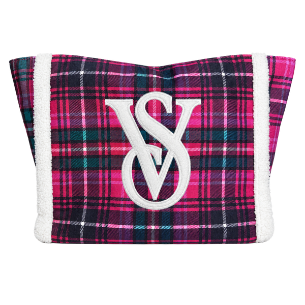 Victoria's Secret Holiday Plaid Tote Bag Sherpa Trim
