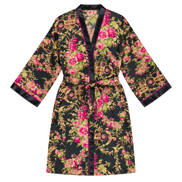 Oscar de la Renta Pink Label Floral Bird Kimono Robe Satin Look Black L XL Poly 