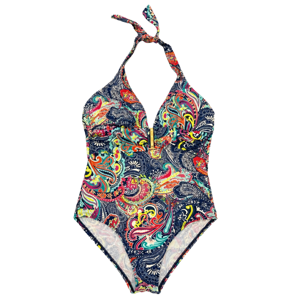 Liz Claiborne Paisley & Floral Print One Piece Halter Swimsuit Ruched