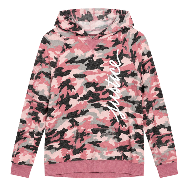 Justice Active Kids long sleeve with a hood Size 14/16 Pink Camo Logo Pullover