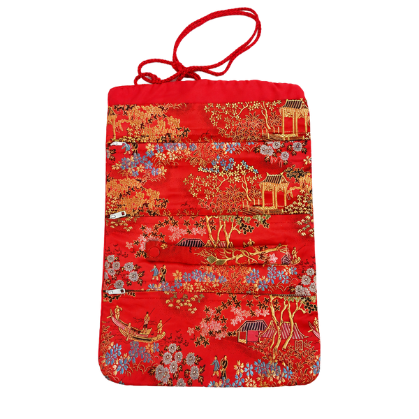 Asian Brocade Travel Jewelry Roll Bag Red Gold